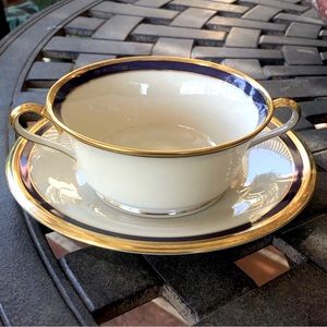 Lenox China Blue Royale Double Handled Cream Soup Bowl Saucer Set